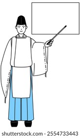 Priest of the shrine, wearing a Eboshi and Kariginu, pointing at a whiteboard with an indicator stick, Vector Illustration