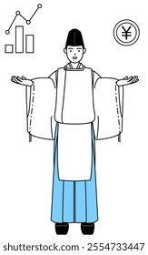 Priest of the shrine, wearing a Eboshi and Kariginu, guiding an image of DX, performance and sales improvement, Vector Illustration