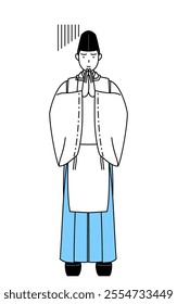 Priest of the shrine, wearing a Eboshi and Kariginu, apologizing with his hands in front of his body, Vector Illustration