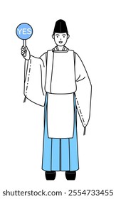 Priest of the shrine, wearing a Eboshi and Kariginu, holding a maru placard that shows the correct answer, Vector Illustration