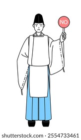 Priest of the shrine, wearing a Eboshi and Kariginu, holding a placard with an X indicating incorrect answer, Vector Illustration