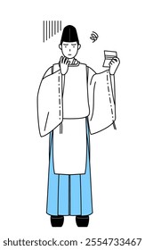 Priest of the shrine, wearing a Eboshi and Kariginu, looking at his bankbook and feeling depressed, Vector Illustration