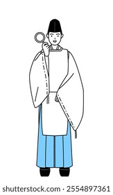 Priest of the shrine, wearing a Eboshi and Kariginu, holding a magnifying glass and placing his hand on his hip, Vector Illustration