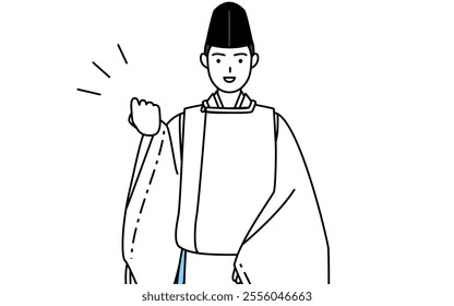 Priest of the shrine, wearing a Eboshi and Kariginu, posing with guts, Vector Illustration