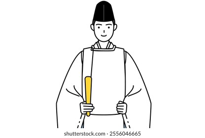 Priest of the shrine, wearing a Eboshi and Kariginu, holding a scepter, Vector Illustration