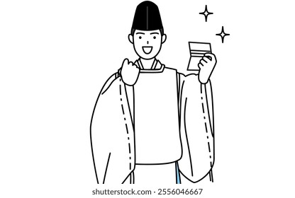 Priest of the shrine, wearing a Eboshi and Kariginu, who is pleased to see a bankbook, Vector Illustration