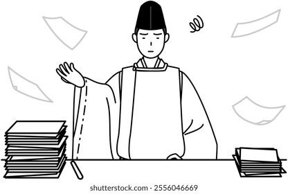 Priest of the shrine, wearing a Eboshi and Kariginu, who is fed up with his unorganized business, Vector Illustration