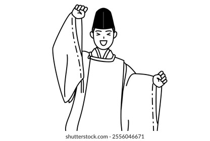 Priest of the shrine, wearing a Eboshi and Kariginu, jumping with light-hearted delight, Vector Illustration