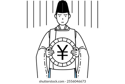 Priest of the shrine, wearing a Eboshi and Kariginu, an image of exchange loss or yen depreciation, Vector Illustration