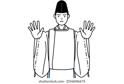 Priest of the shrine, wearing a Eboshi and Kariginu, with his hands out in front of his body, signaling a stop, Vector Illustration