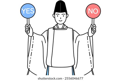 Priest of the shrine, wearing a Eboshi and Kariginu, holding a placard indicating correct and incorrect answers, Vector Illustration