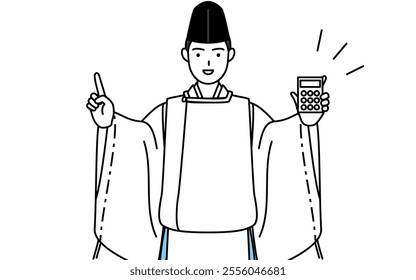 Priest of the shrine, wearing a Eboshi and Kariginu, holding a calculator and pointing, Vector Illustration