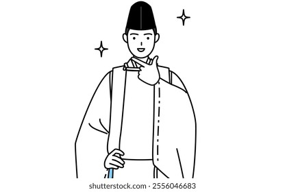 Priest of the shrine, wearing a Eboshi and Kariginu, in a confident pose, Vector Illustration