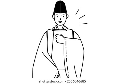 Priest of the shrine, wearing a Eboshi and Kariginu, tapping his chest, Vector Illustration