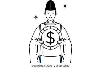 Priest of the shrine, wearing a Eboshi and Kariginu, with images of foreign exchange gains and dollar appreciation, Vector Illustration