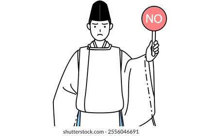 Priest of the shrine, wearing a Eboshi and Kariginu, holding a placard with an X indicating incorrect answer, Vector Illustration