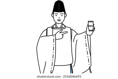 Priest of the shrine, wearing a Eboshi and Kariginu, recommending cashless online payments on a smartphone, Vector Illustration