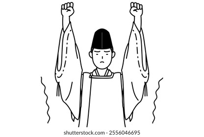 Priest of the shrine, wearing a Eboshi and Kariginu, stretching and standing tall, Vector Illustration