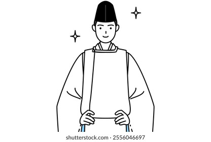 Priest of the shrine, wearing a Eboshi and Kariginu, with his hands on his hips, Vector Illustration