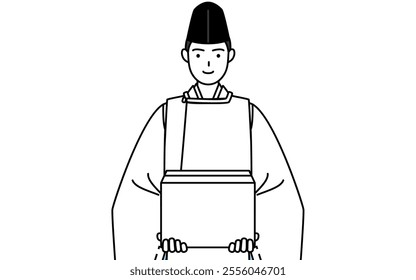 Priest of the shrine, wearing a Eboshi and Kariginu, working to carry cardboard boxes, Vector Illustration