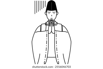 Priest of the shrine, wearing a Eboshi and Kariginu, apologizing with his hands in front of his body, Vector Illustration