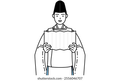 Priest of the shrine, wearing a Eboshi and Kariginu, performing a prayer of congratulation, Vector Illustration