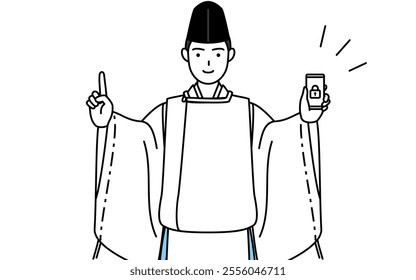 Priest of the shrine, wearing a Eboshi and Kariginu, taking security measures for his phone, Vector Illustration