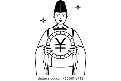 Priest of the shrine, wearing a Eboshi and Kariginu, an image of foreign exchange gains and yen appreciation, Vector Illustration