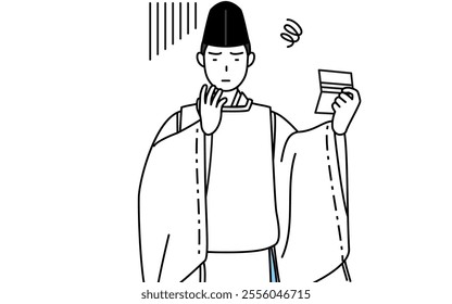 Priest of the shrine, wearing a Eboshi and Kariginu, looking at his bankbook and feeling depressed, Vector Illustration