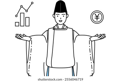 Priest of the shrine, wearing a Eboshi and Kariginu, guiding an image of DX, performance and sales improvement, Vector Illustration