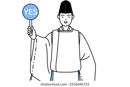 Priest of the shrine, wearing a Eboshi and Kariginu, holding a maru placard that shows the correct answer, Vector Illustration