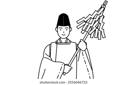 Priest of the shrine, wearing a Eboshi and Kariginu, praying, Vector Illustration