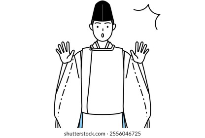 Priest of the shrine, wearing a Eboshi and Kariginu, raising his hand in surprise, Vector Illustration