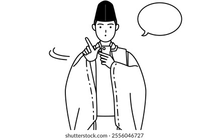 Priest of the shrine, wearing a Eboshi and Kariginu, operating a smartphone, Vector Illustration