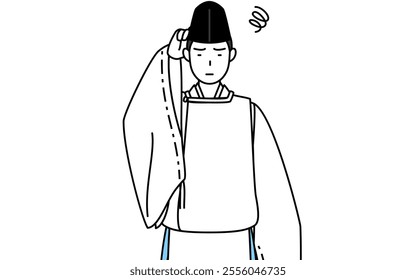 Priest of the shrine, wearing a Eboshi and Kariginu, scratching his head in distress, Vector Illustration