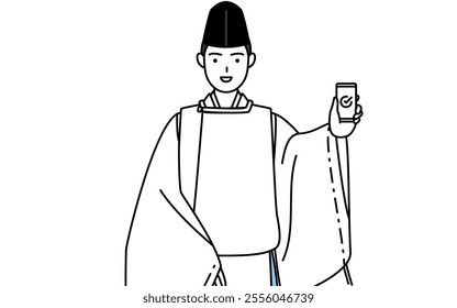 Priest of the shrine, wearing a Eboshi and Kariginu, using a smartphone at work, Vector Illustration