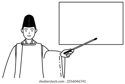 Priest of the shrine, wearing a Eboshi and Kariginu, pointing at a whiteboard with an indicator stick, Vector Illustration