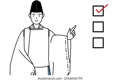 Priest of the shrine, wearing a Eboshi and Kariginu, pointing to a checklist, Vector Illustration