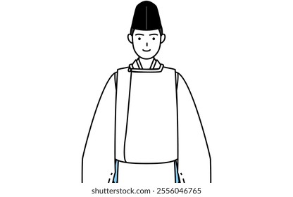 Priest of the shrine, wearing a Eboshi and Kariginu, with a smile facing forward, Vector Illustration