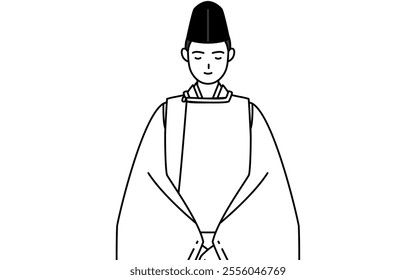 Priest of the shrine, wearing a Eboshi and Kariginu, with hands on top of each other in front of their bodies, Vector Illustration