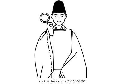 Priest of the shrine, wearing a Eboshi and Kariginu, holding a magnifying glass and placing his hand on his hip, Vector Illustration