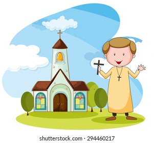Priest standing in front of the church