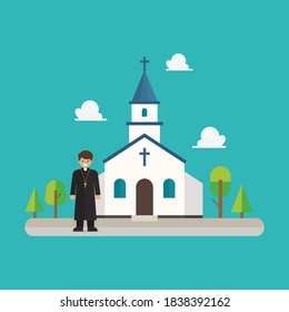 Priest standing in front of Church in flat style design. Vector illustration