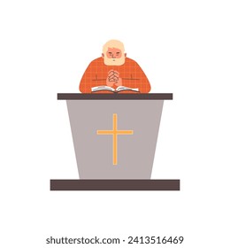 Priest standing and reading Bible in religious gesture praying to god vector illustration. Christianity religion. Pastor at tribune with cross rood. Catholic cathedral teaches religious texts