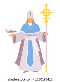 A priest stands with a staff. Role-playing stylized image male without a face. Flat cartoon design. Realistic body proportions. Vector simple style illustration isolated on white background.