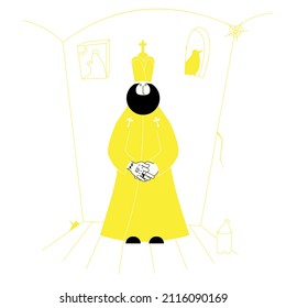 A priest with tattoos on his arm stands in the middle of his room. Yellow-black. Vector illustration.