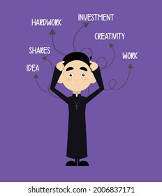 Priest Various Thoughts Flat Vector Cartoon Illustration