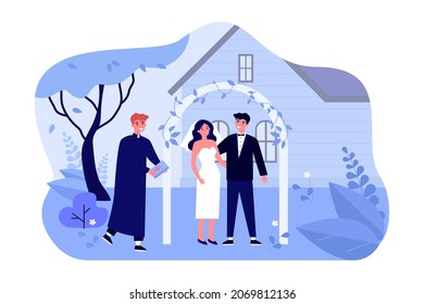 Priest and wedding couple standing under garden floral arch. Bride and groom on outdoor ceremony flat vector illustration. Arrangement, marriage concept for banner, website design or landing web page