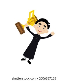 Priest Winning Trophey Flat Vector Cartoon Illustration