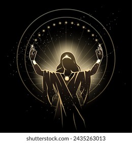 Priestess Fortune Teller Makes Magic Ritual at Midnight Isolated on Black Background vector illustration. No AI was used.